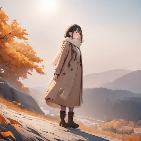 One girl(Long brown hair, cute, Autumn outfit, scarf, Coat, boots, Picking leaves(Shining golden in the sunlight),whole body), Simple Background, break ,quality(masterpiece, best quality,8k,非常に精細なCGユニットのwallpaper, High resolution, top-quality, top-quality ...