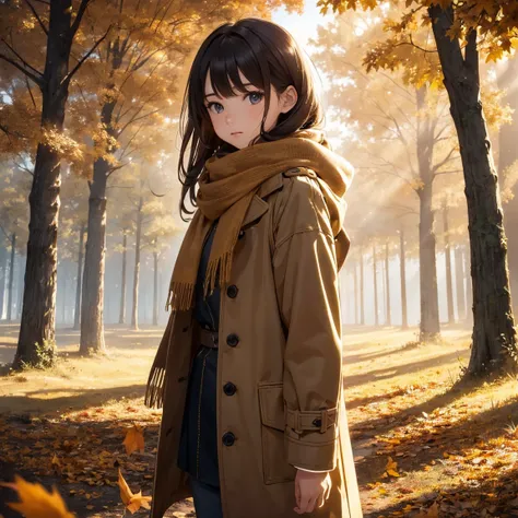 One girl(Long brown hair, cute, Autumn outfit, scarf, Coat, boots, Picking leaves(Shining golden in the sunlight),whole body), Simple Background, break ,quality(masterpiece, best quality,8k,非常に精細なCGユニットのwallpaper, High resolution, top-quality, top-quality ...