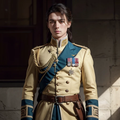 Please create an original full military uniform stylized as an 18th century uniform in yellow and light BLUE