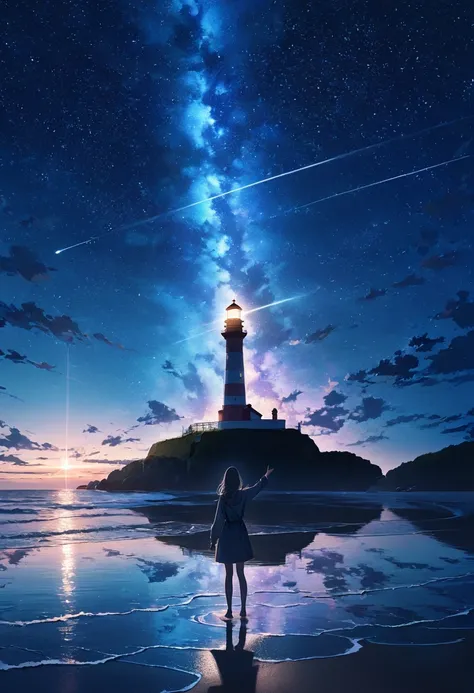 one woman,pastel,pointing finger,standing on the beach,night sky,star,big lighthouse,a ray of light shines from the lighthouse,s...