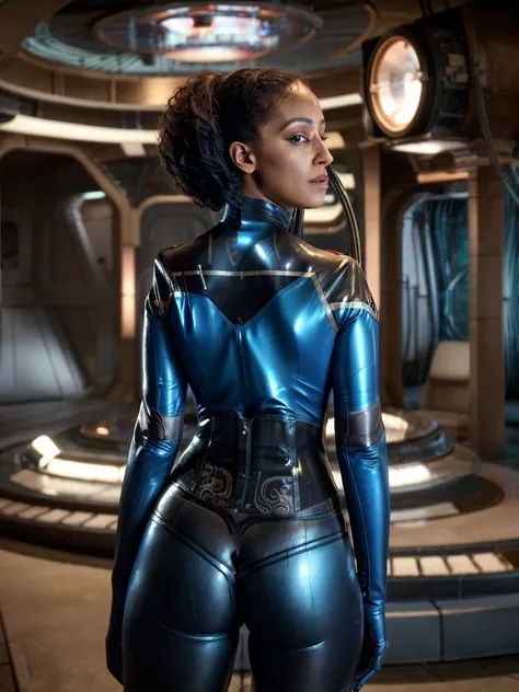 In a futuristic sci-fi setting, a black woman stands confidently, dressed in a blue sttldunf uniform. Her face, with extremely detailed features, including captivating eyes and plump, detailed lips, commands attention. She exudes strength and resilience, e...