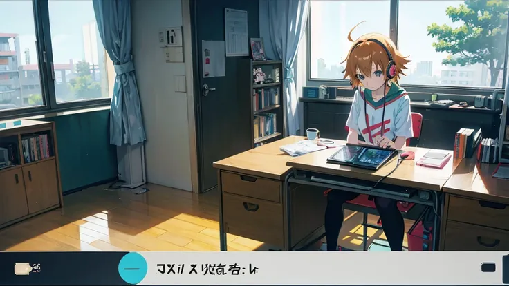 anime girl in headphones sitting at a desk with a laptop, lofi girl, lofi artstyle, flcl, anime movie screenshot, chihiro! fujisaki, screenshot from the anime film, satoshi kon artstyle, flcl + golgo 13 :10, satoshi kon anime, lofi art, :14 flcl + akira