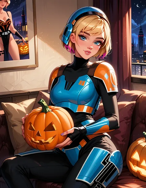 score_9, score_8_up, score_7_up, 1girl, solo, very sexy (short hair Gwen Stacy, blonde, colorful highlights:1.4), wearing (Star Wars Sabine Wrens Mandalorian costume, body armor, helmet:1.5), confident, flirt, gaze, sexy look, cute smile, head tilt, filled...