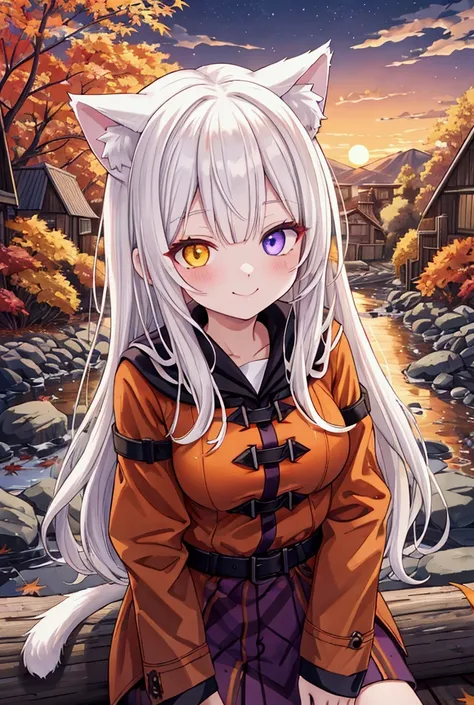 best quality , ultra detailed , highres ,anime style , upper body ,One woman, long white hair, heterochromia,yellow right eye,blue left eye, cat ears, solo, medium breasts, autumn,smile,sitting on log,outdoor,orange sky,evening,fallen leaves,duffel coat,ea...