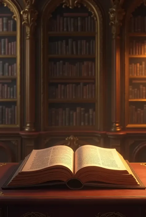 cozy atmosphere, baroque library, open book warm lightning