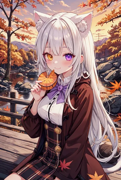 best quality , ultra detailed , highres ,anime style , upper body ,One woman, long white hair, heterochromia,yellow right eye,blue left eye, cat ears, solo, medium breasts, autumn,smile,sitting on log,outdoor,orange sky,evening,fallen leaves,duffel coat,ea...