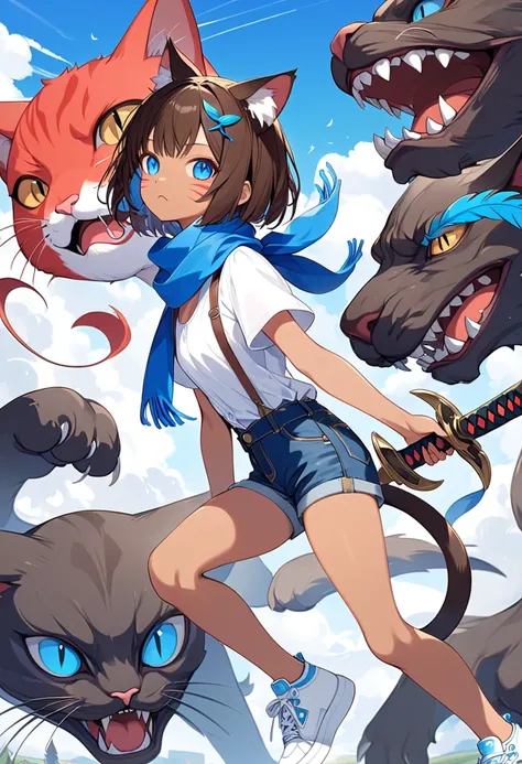 Best Quality、4K、Ultra HD、Young girl、Brown Skin、Cat ears and tail、Three red cat whiskers on cheek、Blue Eyes、Dark brown hair、A single blue feather hair ornament、Straight Short Hair, White shirt with blue scarf、And brown suspenders, Denim shorts, White sneake...