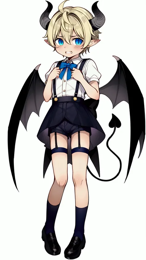 (masterpiece, best quality), (full body:1.2), (standing), (small fighting elven 1boy:1.2), (ultra quality skin:1.2), 1boy, (shota), (boy_shota), demon, pointed ears, bull horns, demon wings, large wings, slit eyes, demon tail, short hair, beautiful and det...