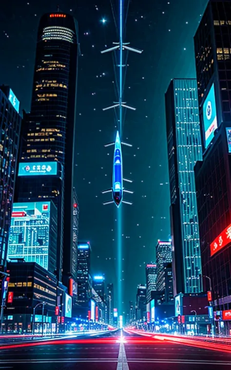 City of the Future、A night view of flying cars and illuminated roads。Digital advertisements are projected onto the windows of the building.、Capture the city as it becomes filled with technology。