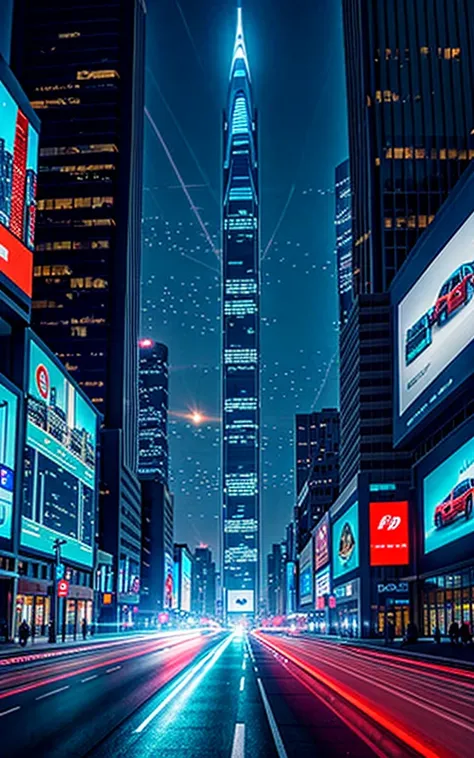 City of the Future、A night view of flying cars and illuminated roads。Digital advertisements are projected onto the windows of the building.、Capture the city as it becomes filled with technology。