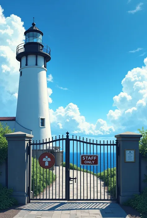 A white lighthouse standing against the blue sky, a large black metal gate in front of the camera, the gate is closed, "Staff only" with a large sign on the gate,