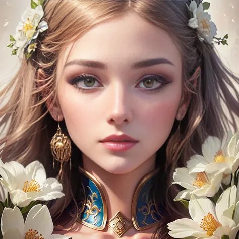 close up of woman with flowers in hair, detailed female face, Carol for UHD, great digital art with details, detailed beautiful face, goddess. extremely detailed, detailed woman, extremely detailed gorgeous face, very detailed beautiful face, beautiful gor...