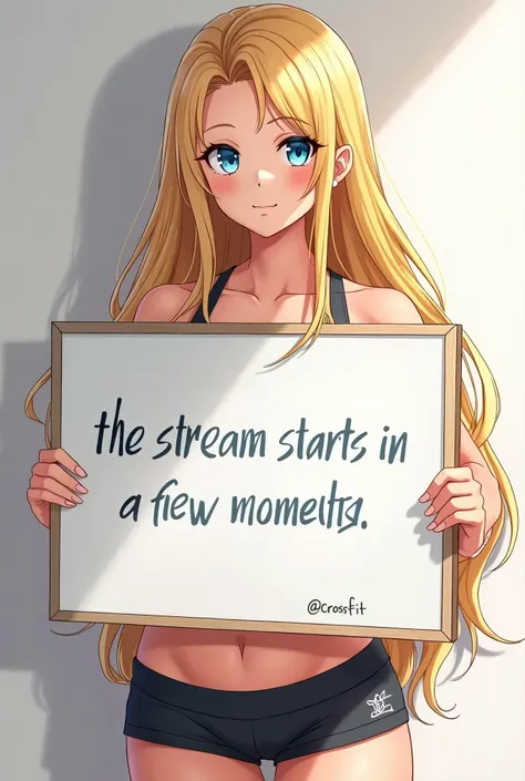 Beautiful girl with long wavy blonde hair, light blue eyes crossfit sportswear, holding a whiteboard with the Spanish text of Colombia
 "The stream starts in a few moments " and showing it to the viewer. hentai anime type drawing.
