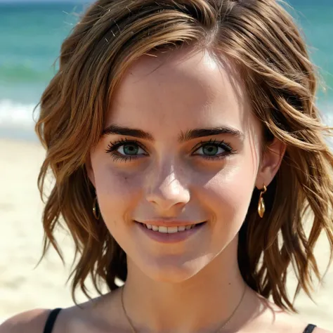 ml, Emma Watson, alone, score_9, score_8_above, score_7_above, portrait, playa, shadow, earrings,, smile, looking at the viewer, high quality, masterpiece, Best Quality, anime screen cap, standing, blush, half closed eyes, smile, empty eyes, No highlights ...