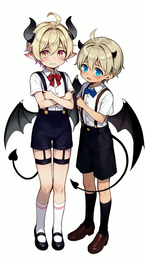 (masterpiece, best quality), (full body:1.2), (standing), (small fighting elven 1boy:1.2), (ultra quality skin:1.2), 1boy, (shota), (boy_shota), demon, pointed ears, bull horns, demon wings, large wings, slit eyes, demon tail, short hair, beautiful and det...