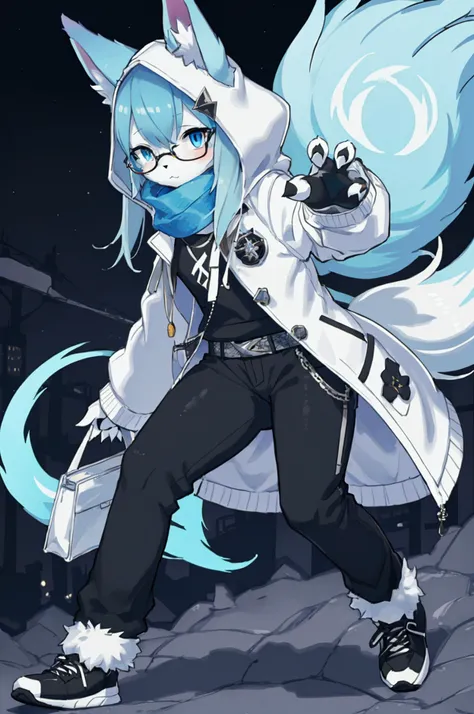 Blue fox with blue eyes and a fluffy tail and fluffy paws, hooded, a scarf, glasses, knee-length black and white jacket, bag on the belt, black pants and black sneakers