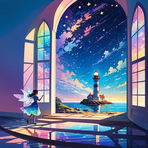 2D art, shadow art, shadow picture, lighthouse shadow art (by Seiji Fujishiro). Lighthouse and ground made of shadows, windows made of colorful cellophane, Iridescent light is emitted from the lighthouse, with light particles, Black purple blue light blue ...