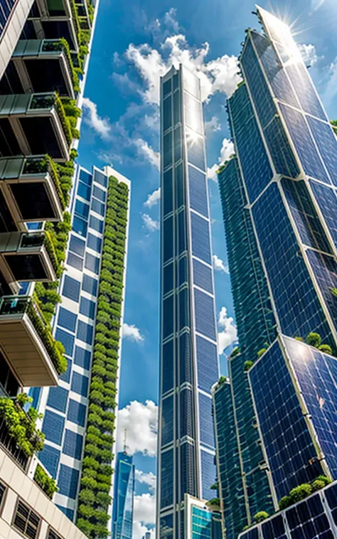 A futuristic city where lush parks and skyscrapers coexist。Plants grow on the walls of the building、Depict the solar panels being installed。