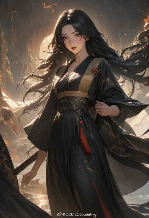 a close up of a woman with a sword in a black dress, a portrait of a character by Yang J, trends at cgsociety, fantasy art, beautiful character painting, artwork in the style of guweiz, guweiz, hanfu black, flowing black robes, full body wuxia, epic and ex...