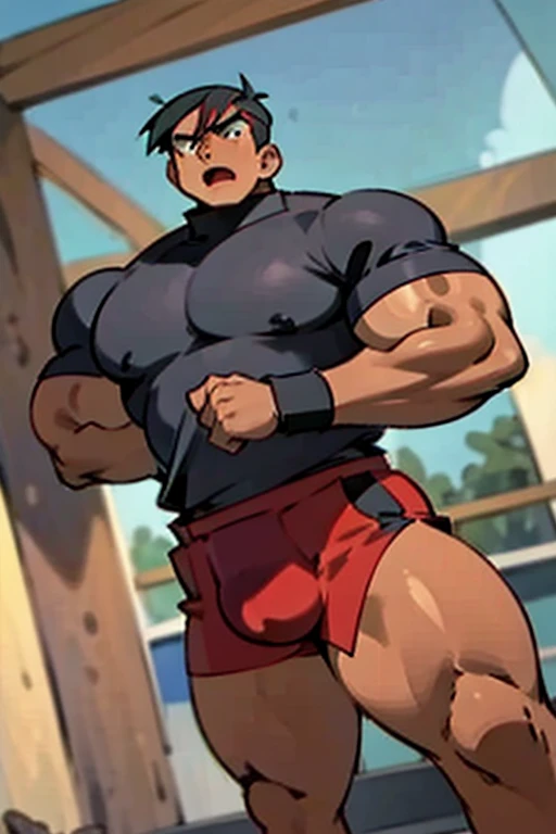 Ash Ketchum as a big dumb muscular brutish Team Rocket Grunt lifting weights in a gym staring at a monitor with a spiral to be brainwashed and forget about his old life and morals. Blank vapid mindless stare. Open mouth. Ash says, "Obey Giovanni.... Serve ...