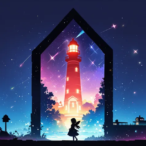 Flat illustration, 2D art, shadow art, shadow picture, (lighthouse), lighthouse shadow art. Lighthouse and ground made of shadows, the windows are made of colorful cellophane. Iridescent light is emitted from the lighthouse, with light particles, Black pur...