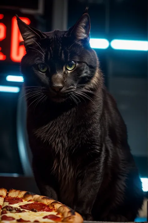 a close-up portrait of a big black cat, futuristic sci-fi environment, the lynx is eating a pizza and drinking coca-cola, cinematic composition, vibrant colors, hyper-detailed, photorealistic, 8k, masterpiece, detailed fur, intense eyes, sharp teeth, detai...