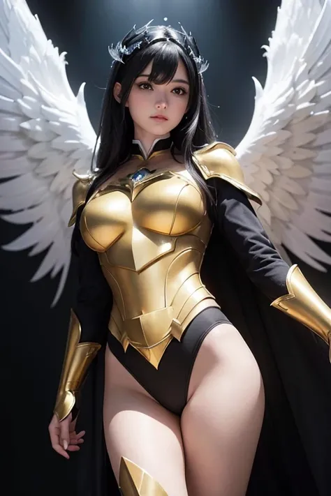 A girl with gold armor and winglike wings graces the image, illuminated in the style of RTX on. The dark paradise backdrop adds an intriguing contrast, as if shes emerged from the depths of another realm. The photo, skillfully captured with Provia film, sh...