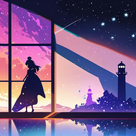 Flat illustration, shadow art, shadow picture, (large lighthouse). Lighthouse and ground made of shadows, the windows are made of colorful cellophane. Iridescent light is emitted from the lighthouse, with light particles, Black purple blue light blue gradi...