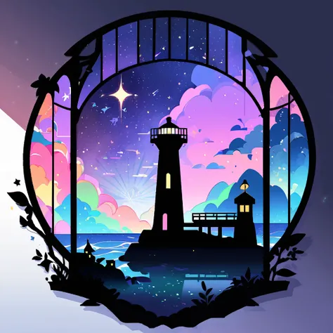 Flat illustration, shadow art, shadow picture, (large lighthouse). Lighthouse and ground made of shadows, the windows are made of colorful cellophane. Iridescent light is emitted from the lighthouse, with light particles, Black purple blue light blue gradi...