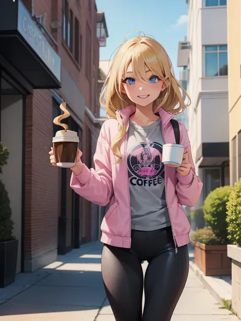 1girl, solo, blonde hair, blue eyes, a woman in her early 20s, she’s a freshman sorority girl, her appearance reflects her whimsical and bubbly personality. (holding a coffee cup:1.3). (Wearing: opened pink furred jacket, loose and baggy grey shirt, tight ...