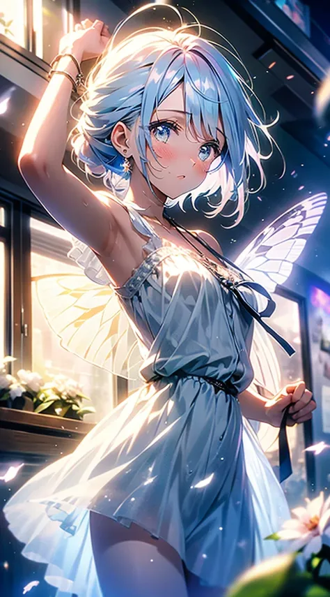 ((Ethereal young woman) with (flowing pastel hair, iridescent eyes, delicate features)) amid (swirling vortex of vibrant flowers) BREAK (Meadow bathed in soft sunlight) (Petals dancing on gentle breeze) BREAK (Translucent butterfly wings) (Shimmering dew d...