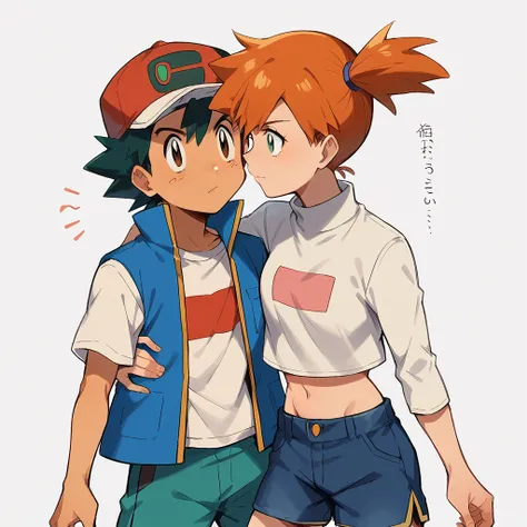 1boy, ash ketchum, black hair, brown eyes, hat, baseball cap, shirt, white shirt, t-shirt, jacket, sleeveless jacket, shorts, blue shorts 1girl, misty pokemon, orange hair, side ponytail, green eyes, white jacket, white long sleeves, white crop top, belly ...