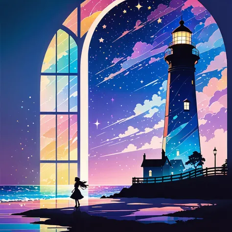 Flat illustration, 2D art, shadow art, shadow picture, (large lighthouse), lighthouse shadow art. Lighthouse and ground made of shadows, the windows are made of colorful cellophane. Iridescent light is emitted from the lighthouse, with light particles, Bla...