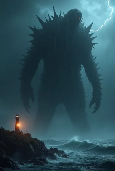 A giant kaiju is appearing from the stormy night of the sea covering in black clouds, approaching the light house, horror, night, minimum light, dramatic effect, raining, thunder, dramatic light