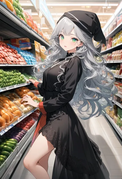 Best Quality, Supermarket, 16k, Very high resolution, Very detailed, Delicate and dynamic, (Left half, An overwhelmingly cool and beautiful cute red witch, Gray Hair, blue eyes), (Right half, Innocent and cute black witch, Ivory short wavy hair, green eyes...