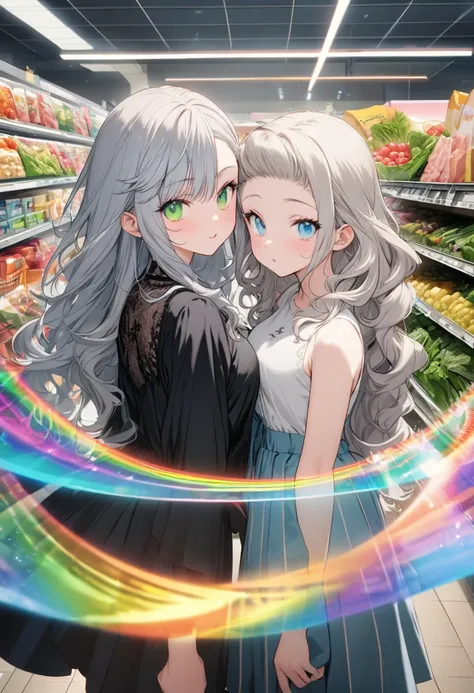 Best Quality, Supermarket, 16k, Very high resolution, Very detailed, Delicate and dynamic, (Left half, An overwhelmingly cool and beautiful cute red witch, Gray Hair, blue eyes), (Right half, Innocent and cute black witch, Ivory short wavy hair, green eyes...