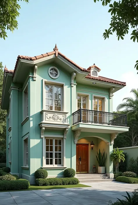 Create a dream home, 2 floors, colonial style, beautiful, luxurious, light green, white fence, beautiful green garden, parking for 5 cars, house area 99 square meters.