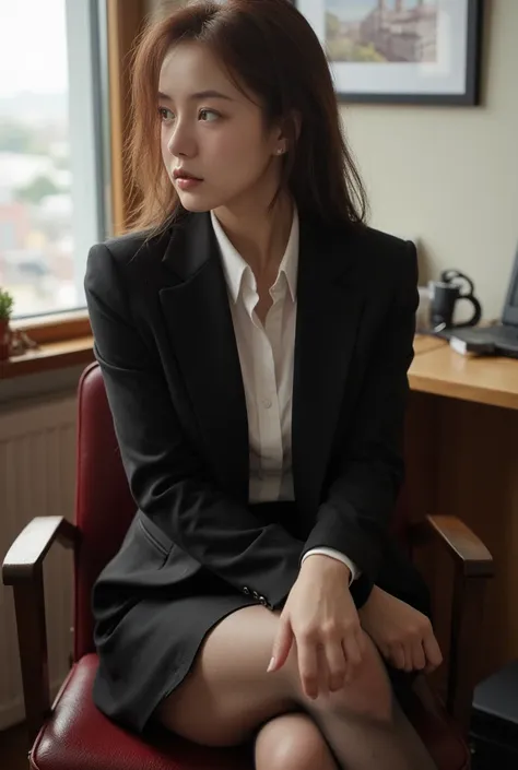 photorealistic、real、cute office lady、stockings、sitting in a chair、crossing your legs、view your viewers、at the office、tight skirt...