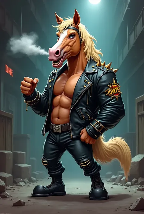 cartoon horse dressed like wrestler Hunter Hearst Helmsley wearing a biker jacket and spitting water

