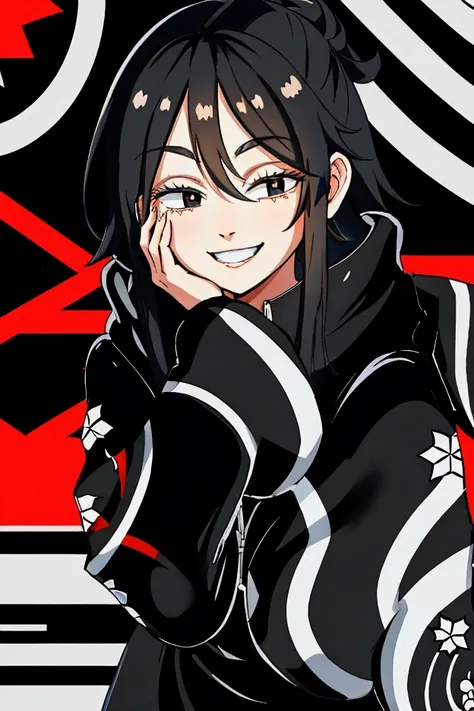 a girl, long black hair, hoodie , smiling hands on cheek