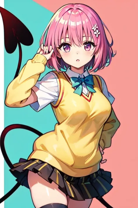 Momo Deviluke, Hair Flowers, Hair Accessories, Purple eyes、 Pink Hair, short hair, Tail,demon Tail, green チェック柄 skirt, sainan high School Uniform, School Uniform, skirt, Sweater vest, thighhighs, (Yellow Sweater:1.5),Best Quality,