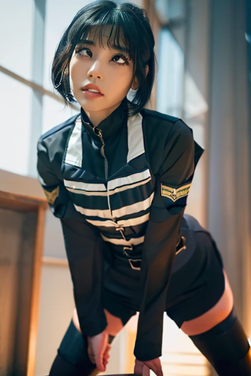 ((masterpiece)), ((Best Quality)), (Very detailed)3, Genuineistic, Genuine, whole body, whole body focus, Research Room, Beautiful Japanese Woman, 1 person, police officer, Navy Blue Uniform, Beautiful black short hair,((( layered, Black leotard under unif...