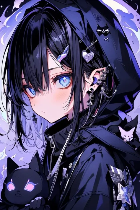 Best Quality、masutepiece、Ultra-detailed、face perfect、Extremely detailed、shota  、blue eyes 、glowing eyes 、black hair 、necromancer 、black hoodie 、man、