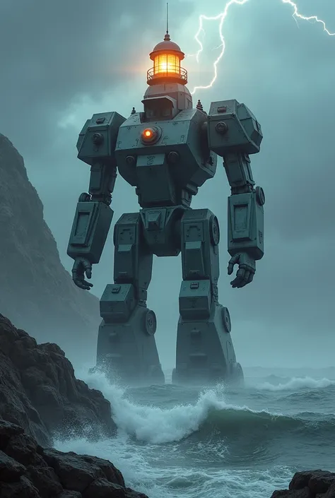 a Giant mecha with a tall light house as his head is sitting near the sea in a stormy night, thunder, clouds, 