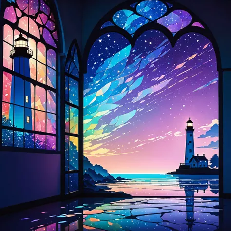 shadow art, shadow picture, lighthouse shadow art. Lighthouse and ground made of shadows, windows made of colorful cellophane, Iridescent light is emitted from the lighthouse, with light particles, Black purple blue light blue gradient background, countles...