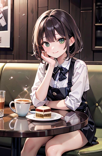 (top-quality、In 8K、32K、masterpiece、NFFSW、Super A high resolution、Impressionism、Photorealistic:1.2)、Cowboy Shots、Sharp focus、Detailed face and eyes、(There is a plate of cake and coffee on the table, Cafe, sitting at a mocha-colored table, Dessert, ミニチュアCafe...