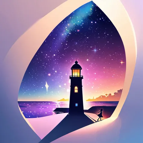 shadow art, shadow picture, lighthouse shadow art. Lighthouse and ground made of shadows, windows made of colorful cellophane, Iridescent light is emitted from the lighthouse, with light particles, Black purple blue light blue gradient background, countles...