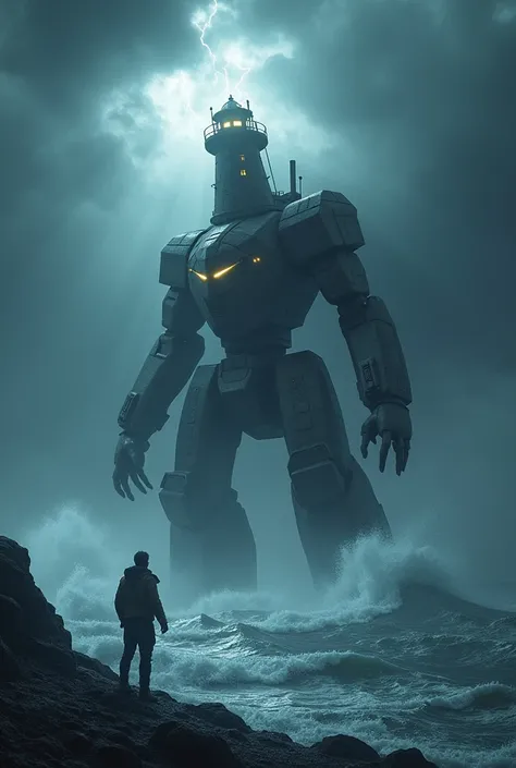 a Giant mecha with a tall light house as his head facing a giant kaiju that approaching from the sea in a stormy night, thunder, clouds, dark, horror, battle between kaiju and mecha, cinematic light, dramatic color, dramatic effect, dramatic angle