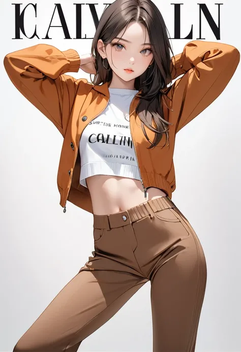 (masterpiece, best quality),(fashion magazine cover:1.2),super model girl(16yo),wearing calvin klein autumn outfit,pose,simple white background,