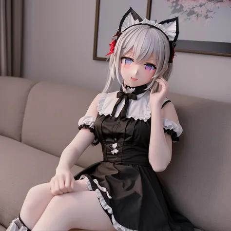 (kigurumi), maid, victorian maid dress, black dress, white apron, frilled headdress, sitting on couch, beautiful victorian manor...